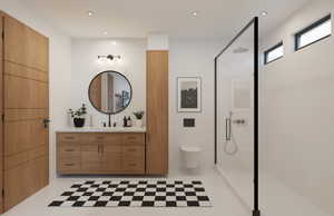 Bathroom featuring vanity, a walk in shower, and recessed lighting