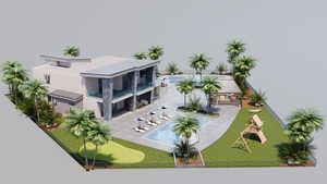 Back of property featuring a fenced backyard, a community pool, stucco siding, and a putting green