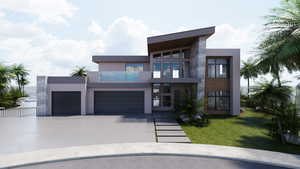 Contemporary house with driveway, stucco siding, and a front yard