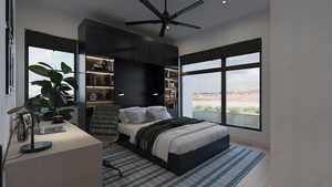 Bedroom with light wood-style flooring, a desk, and recessed lighting