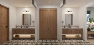 Full bath featuring two vanities, recessed lighting, and a closet