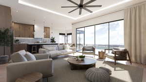 Living room with light wood-style floors, a water view, healthy amount of natural light, a raised ceiling, and recessed lighting