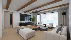 Living room featuring beam ceiling, carpet floors, a ceiling fan, and recessed lighting
