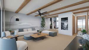 Living area with beamed ceiling, carpet flooring, a ceiling fan, and recessed lighting