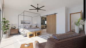 Bedroom with a barn door and ceiling fan