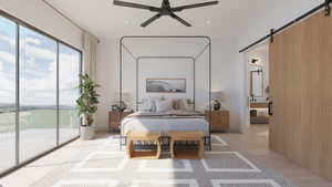 Bedroom with a barn door, light wood-style floors, access to exterior, ensuite bathroom, and recessed lighting