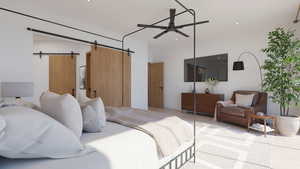 Bedroom with a barn door, recessed lighting, and ceiling fan