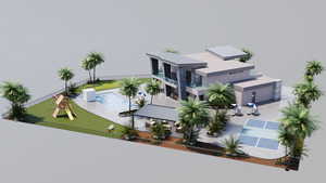 Aerial view of property and surrounding area featuring a pool area