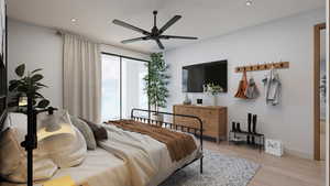 Bedroom with light wood-style floors, recessed lighting, and a ceiling fan