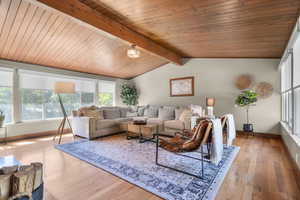 Living area featuring plenty of natural light, light wood finished floors, and wood ceiling