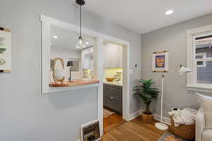 Bathroom with wood finished floors and recessed lighting