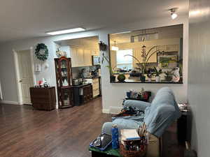 Living area with a textured ceiling and dark wood-type flooring