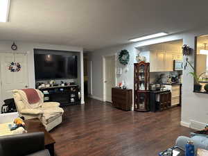 Living area with dark wood-style flooring and a textured ceiling