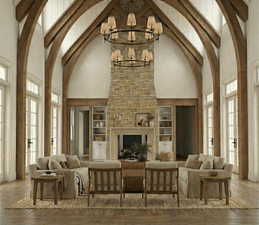 Living area with wood finished floors, a fireplace, lofted ceiling, a chandelier, and built in features