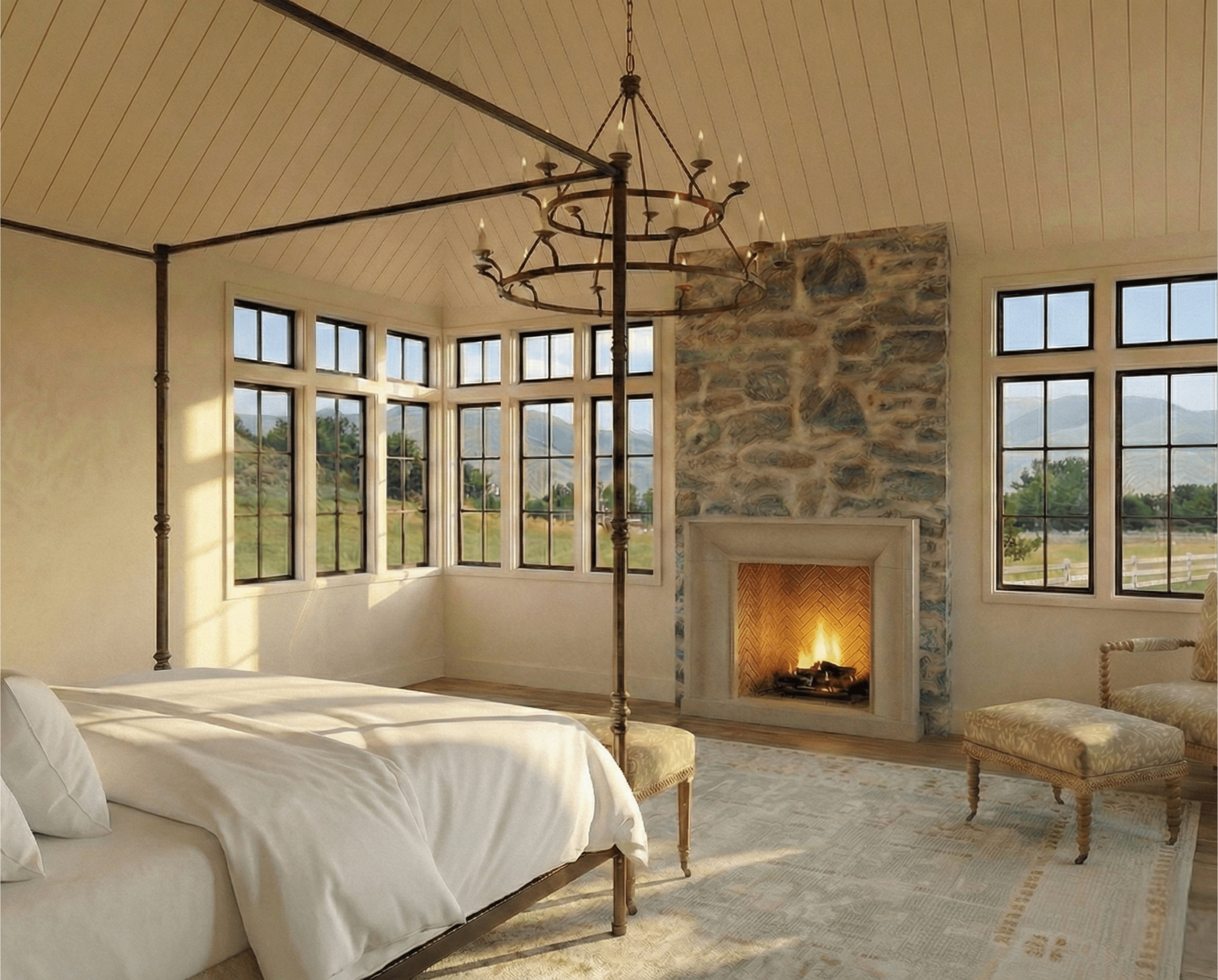 Spacious room featuring a stone-faced fireplace with a light-toned surround, expansive windows with dark frames, a vaulted planked ceiling, and a decorative chandelier - Rendering