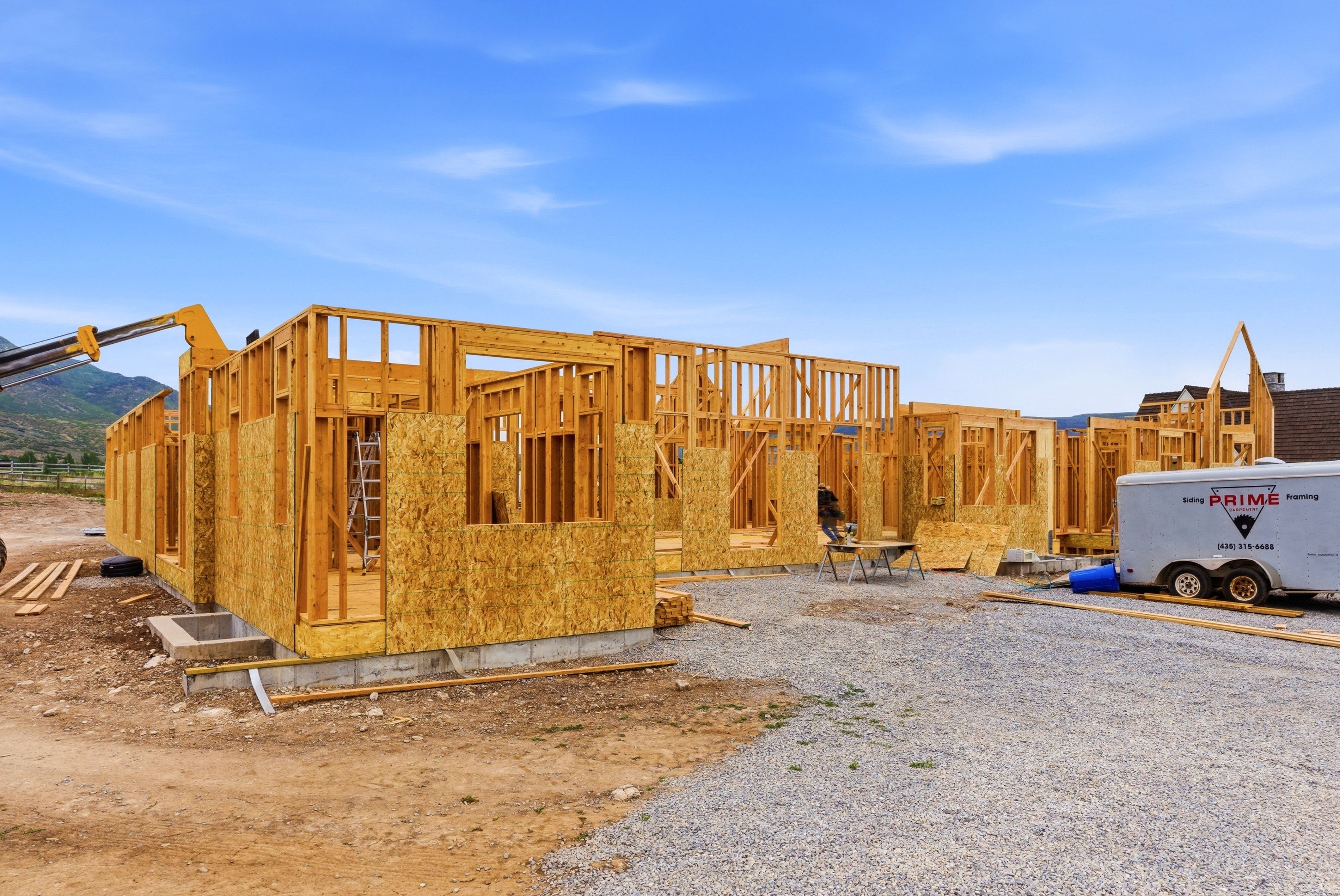 New construction framing with timber stud walls and OSB sheathing