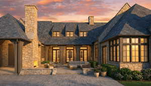 Back of property at dusk featuring a high end roof, stone siding, a chimney, a patio, and outdoor furniture