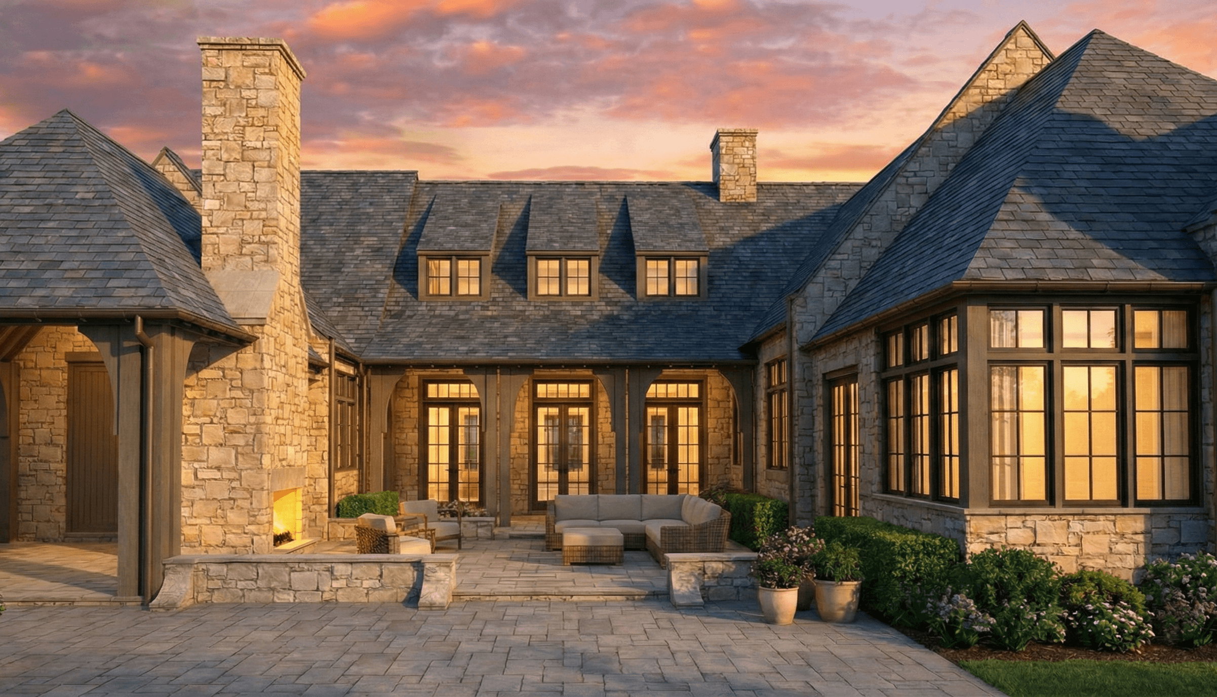 Stone exterior featuring a large patio with a built-in outdoor fireplace, multiple French doors, and bay windows - Rendering