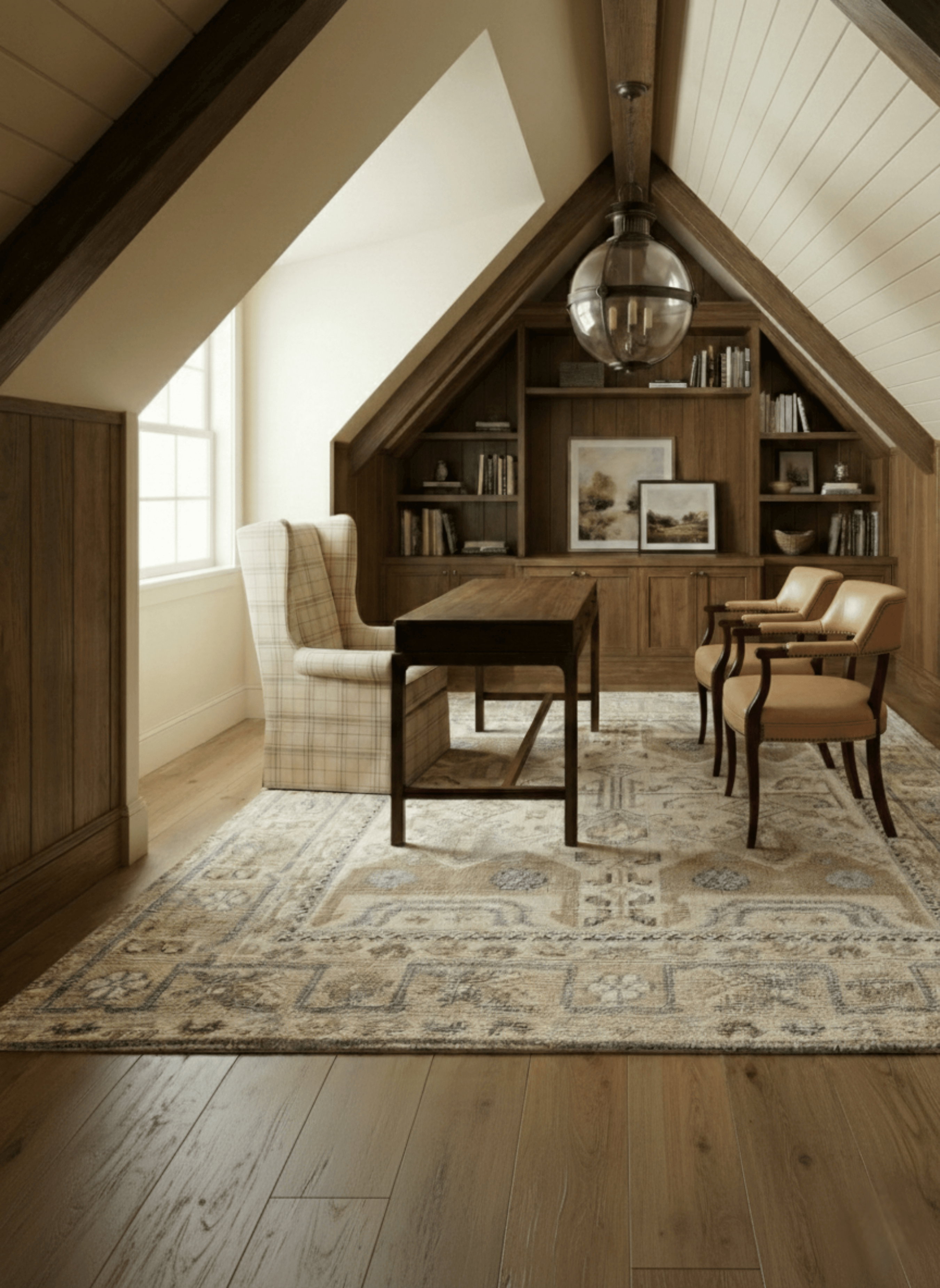 Attic space featuring wood-finish flooring, exposed wood beams, and a built-in shelving unit - Rendering