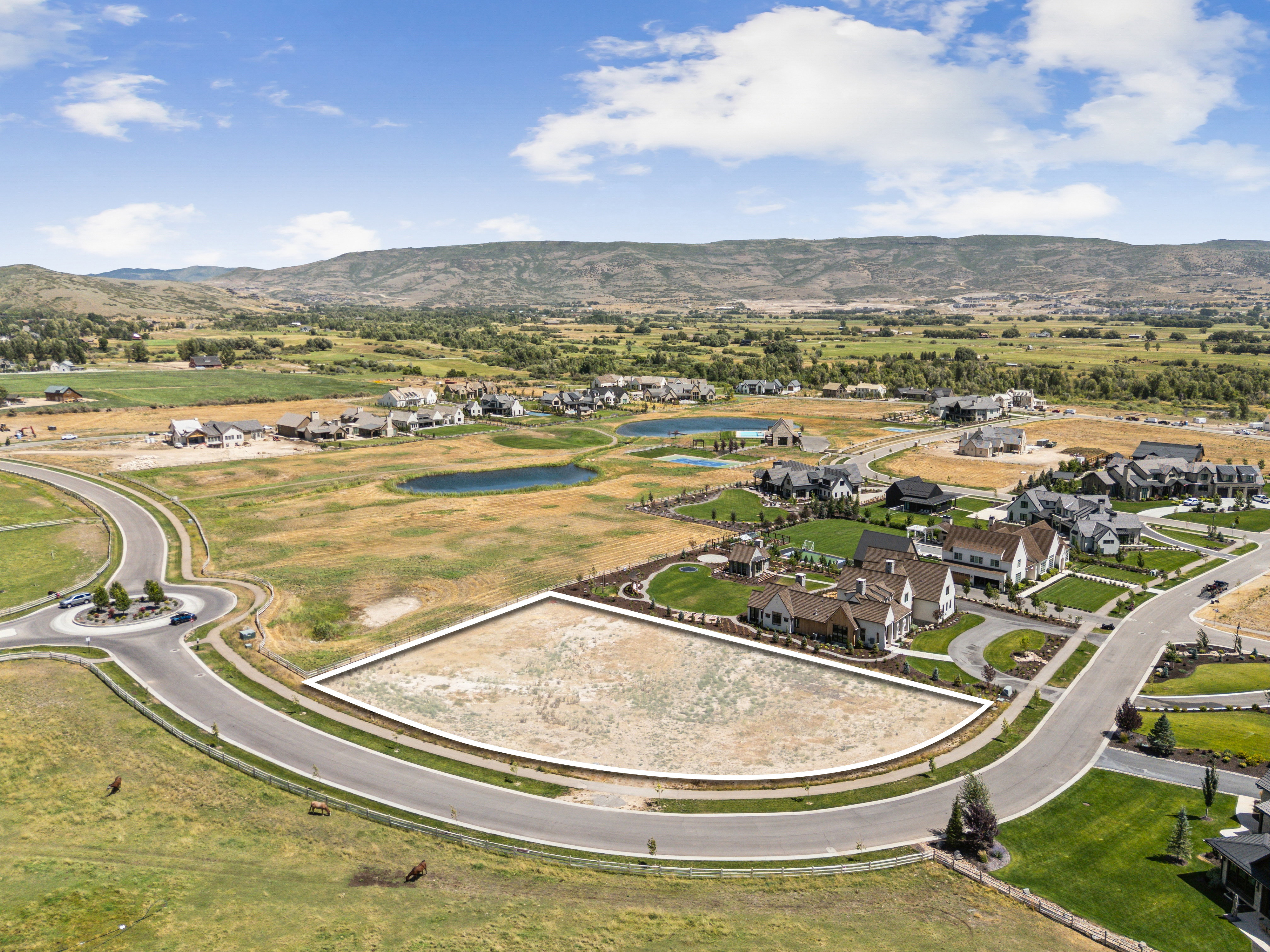 Expansive undeveloped lot featuring a defined perimeter, paved road frontage, and surrounding residential properties