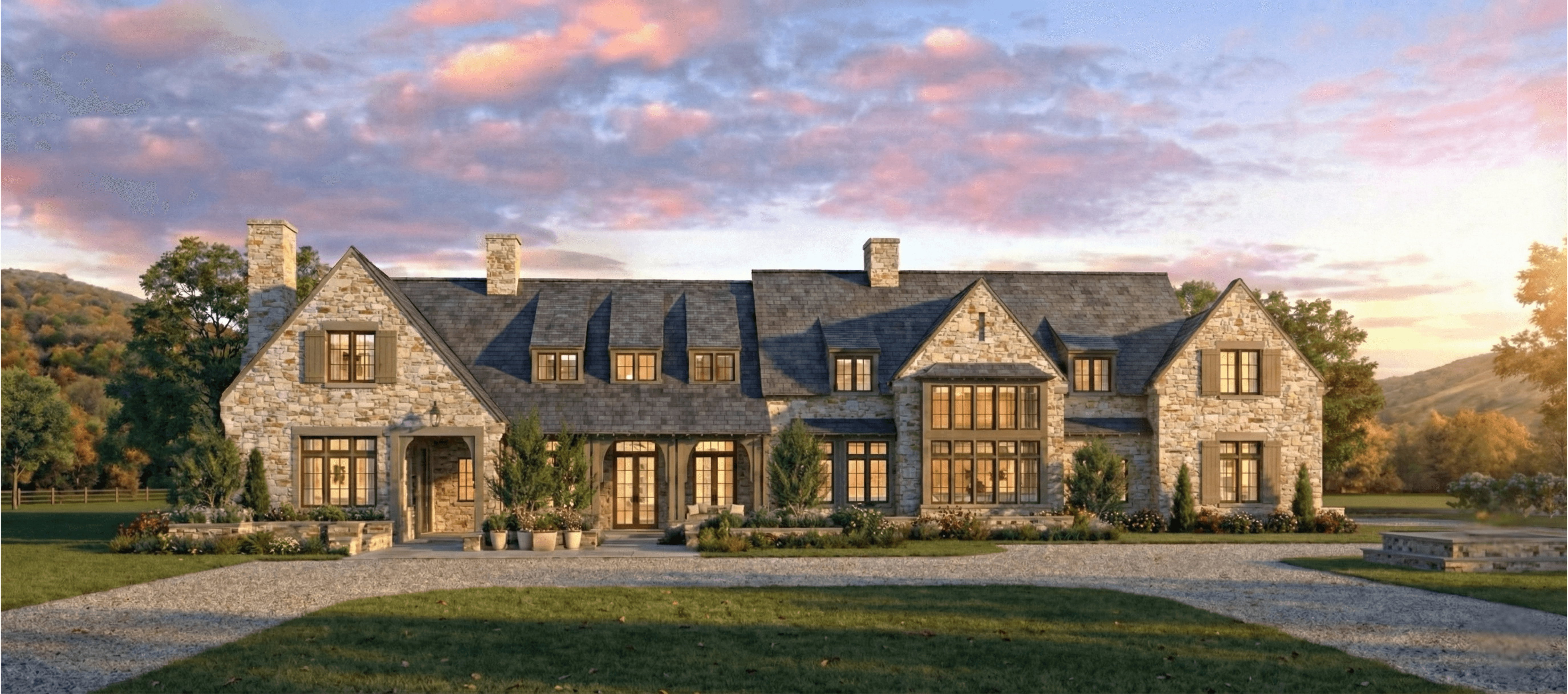 Stone exterior with a multi-gabled roofline and multiple dormer windows - Rendering