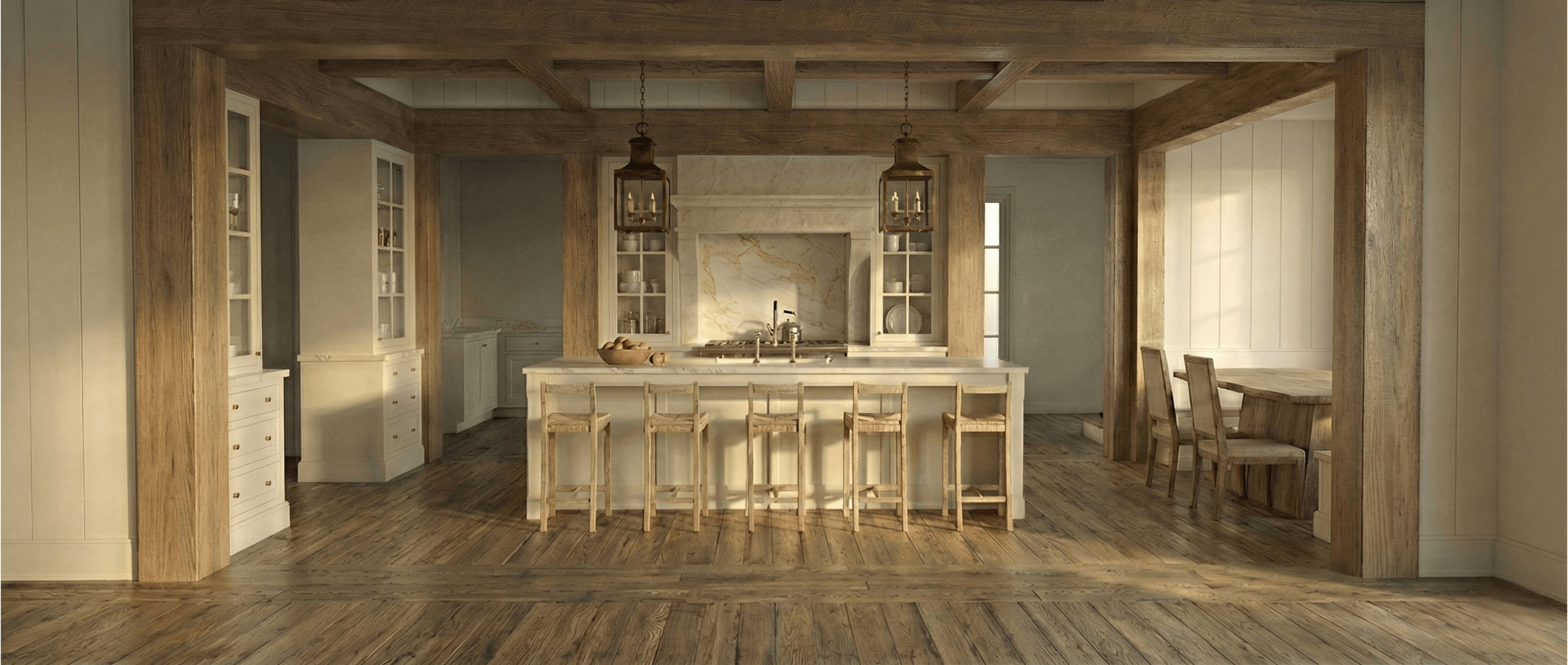 Spacious kitchen featuring a large central island with seating for eight, wood-finish flooring, exposed wood ceiling beams, decorative pendant lighting, and built-in display cabinetry - Rendering