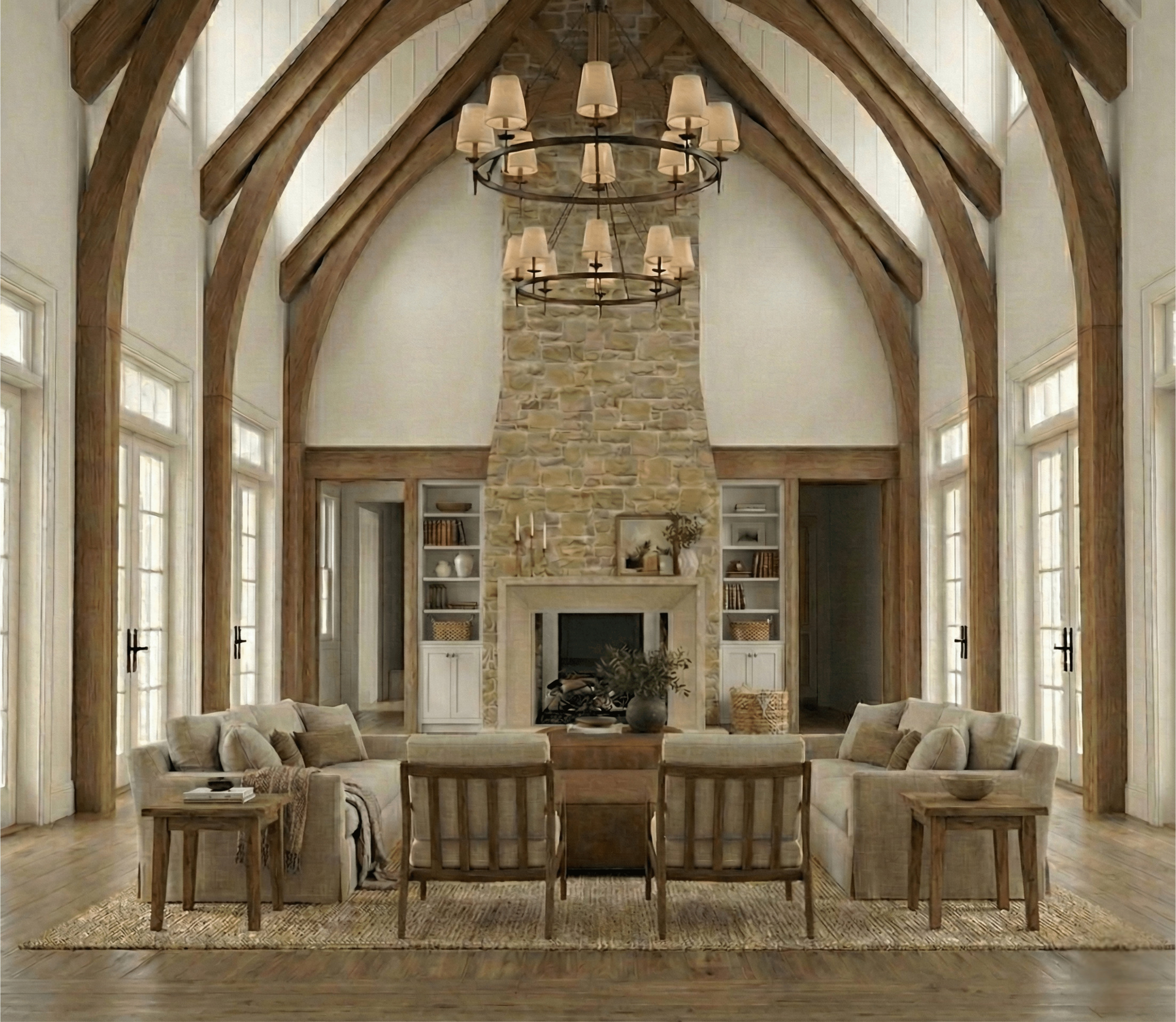 Expansive living area featuring a stone fireplace, soaring vaulted ceilings with exposed wood beams, wood-finish flooring, built-in shelving, and multiple French doors - Rendering