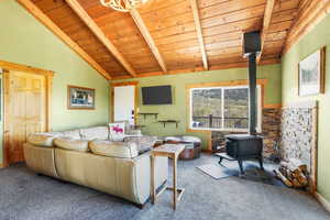 Living room featuring a wood stove, wood ceiling, and carpet floors
