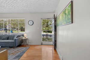 Foyer with wood finished floors, a textured ceiling, and plenty of natural light