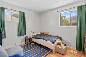 Bedroom featuring wood finished floors and a textured ceiling