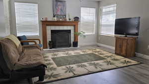 Living area with wood finished floors and a fireplace