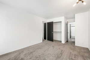 Unfurnished bedroom featuring carpet and a closet
