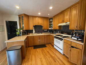 Kitchen with a peninsula, stainless steel appliances, a textured ceiling, light wood-style floors, and light countertops