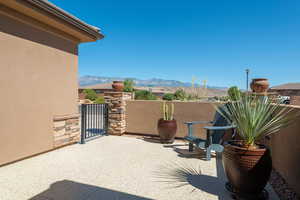 View of patio featuring a mountain view