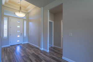 Entrance foyer with dark wood-style flooring and a tray ceiling
