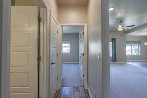Hallway featuring wood finished floors and carpet