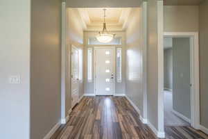 Entrance foyer featuring a tray ceiling and dark wood-type flooring