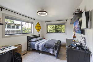 Bedroom featuring multiple windows and light wood-type flooring