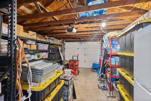 Garage featuring freestanding refrigerator and a garage door opener