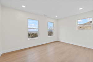 Spare room featuring light wood finished floors and recessed lighting