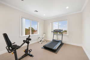 5th Bedroom (or exercise / game room ) featuring built-in bookcase, ornamental molding, access to exterior, light carpet, recessed lighting, and a ceiling fan