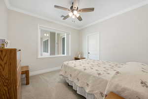 ADU Bedroom with ornamental molding, carpet floors, ceiling fan, and spacious walk-in closet