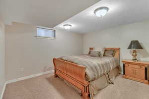 Bedroom featuring baseboards and light colored carpet