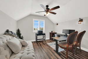 Office area with lofted ceiling, wood finished floors, a textured ceiling, and a ceiling fan