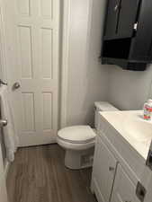 Bathroom with dark wood-style floors and vanity