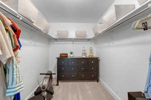 Walk in closet featuring light carpet