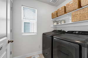 Laundry room featuring separate washer and dryer and baseboards