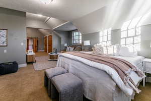 Carpeted bedroom with a textured ceiling and lofted ceiling