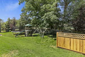 View of yard with a trampoline and a playground