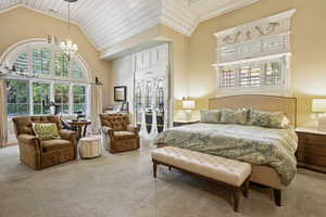 Bedroom featuring a chandelier, carpet, high vaulted ceiling, and wood ceiling